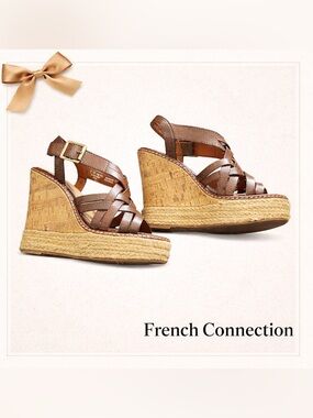 French Connection Cork Wedge Leather Espadrilles Sz 6